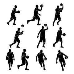 People playing basketball in different poses. Large set of black silhouettes of women and men playing with a ball