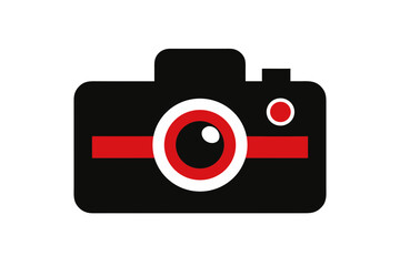 Stylized graphic representation of a black camera with a red stripe and a prominent lens resembling an eye with a white pupil against a black background