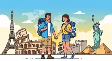 Adventurous Couple Embarks on a Global Journey: Iconic Landmarks & World Map Backpacks
