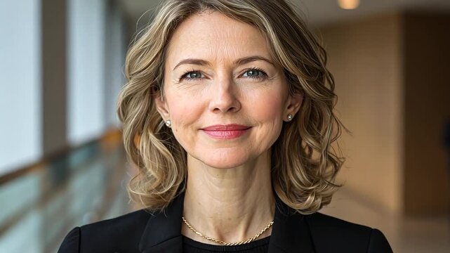 Professional woman with blonde wavy hair black blazer gold necklace smiles subtly confident expression for gazing at viewer in contemporary office hallway leadership success approachability concept