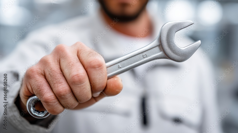 Poster a close-up of a person holding a wrench, symbolizing tools and mechanical work in a workshop setting