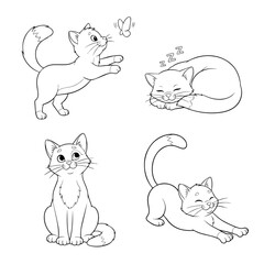 Cute cartoon adorable cat with flowers coloring pages for kids, vector outline illustration for children book design