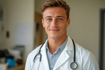 young male doctor conducting a video conference, online consultation, or recording a medical podcast in an office at the hospital, smiling and engaging with the camera, Generative AI