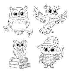 Cute Cartoon Owl on Branch with Moon and Stars Coloring Page