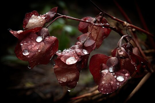 Close-up of rain-kissed, dark red leaves