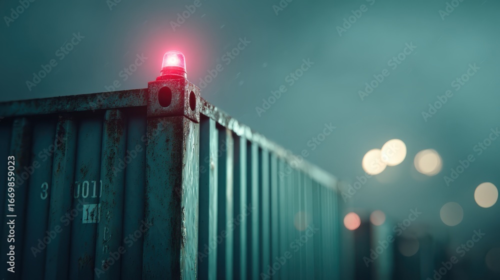 Poster a close-up of a shipping container with a red warning light, set against a moody, blurred background