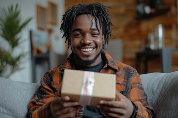 Portrait of a happy young African-American man sitting on the couch at home, looking at the camera while using the phone, celebrating victory or a positive outcome, Generative AI