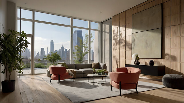 Minimalist interior space with a focus on a large, light Red accent wall. The room features a light wooden floor and a white ceiling with recessed high lighting.