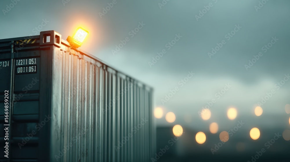 Poster a close-up view of a shipping container lit by a warm light against a blurred, moody background with