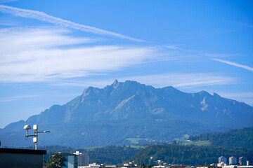 Scenic landscape with mount Pilatus in the background on a summer day seen from Swiss city of...