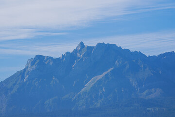 Scenic landscape with mount Pilatus in the background on a summer day seen from Swiss city of Emmen. Photo taken August 25th, 2025, Emmen, Switzerland.