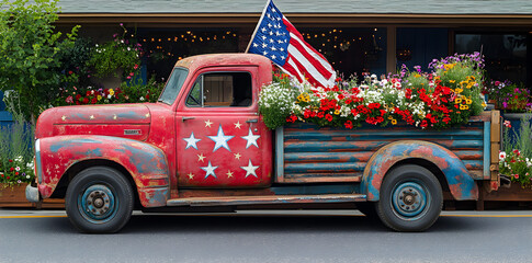 Retro classic truck decorated in patriotic American style, red white and blue parade design for Independence Day or Memorial Day.