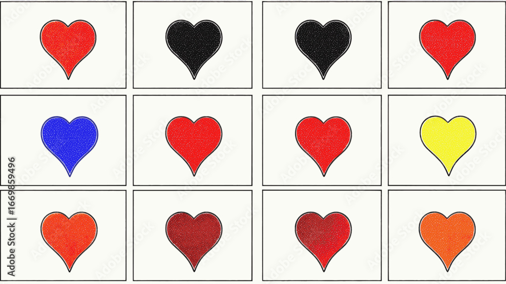 Poster a set of 12 hearts in different colors. the hearts are arranged in a grid, with each row and column 