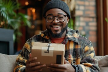 Portrait of a happy young African-American man sitting on the couch at home, looking at the camera while using the phone, celebrating victory or a positive outcome, Generative AI