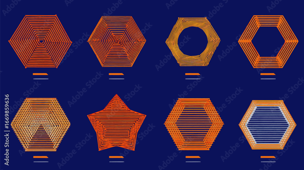Poster a series of hexagonal shapes with orange lines are displayed on a blue background. the shapes vary i