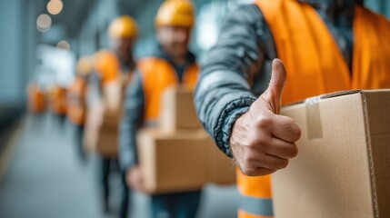 Fototapeta premium Workers in safety vests give a thumbs-up while handling packages, showcasing teamwork and efficiency in a logistics environment.