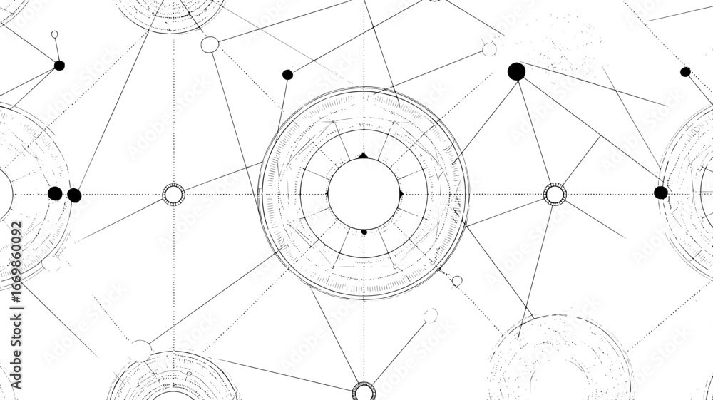 Aufkleber a white background with many circles and lines. the circles are of different sizes and are scattered