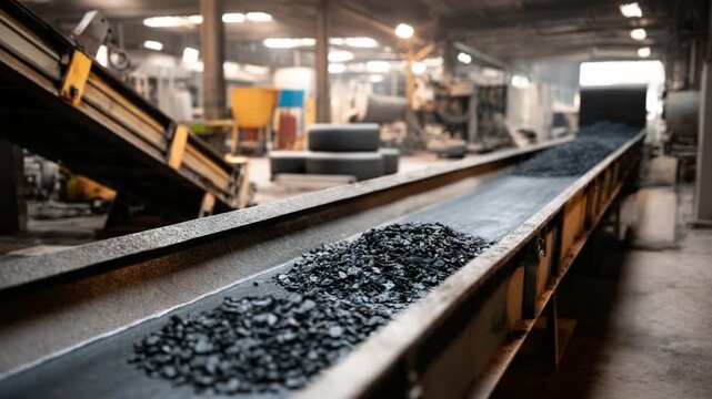 Conveyor belt filled with anthracite coal in an industrial setting