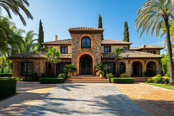 Fototapeta premium Rustic Mediterranean villa architecture featuring stone walls, terracotta roof tiles, and two story Spanish house design with earthy atmosphere