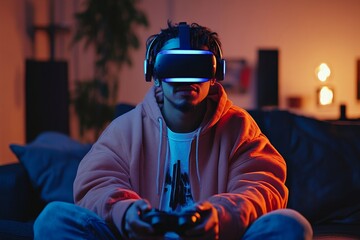 Young Hispanic man sitting on the couch at home wearing virtual reality glasses, enthusiastically playing an online video game, engaged in digital entertainment, Generative AI
