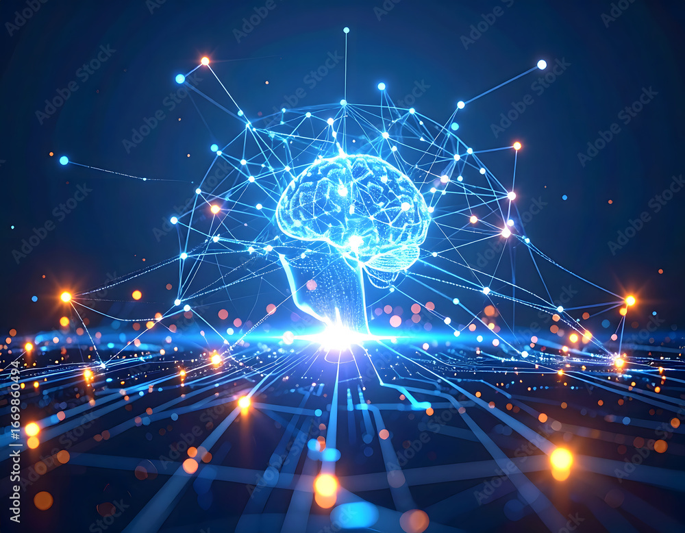 Poster a futuristic illustration of a glowing brain connected by digital pathways and nodes, representing a
