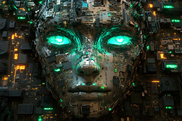 Human face silhouette formed by PCB circuits, symbolic digital art exploring transhumanism, singularity, and artificial intelligence evolution