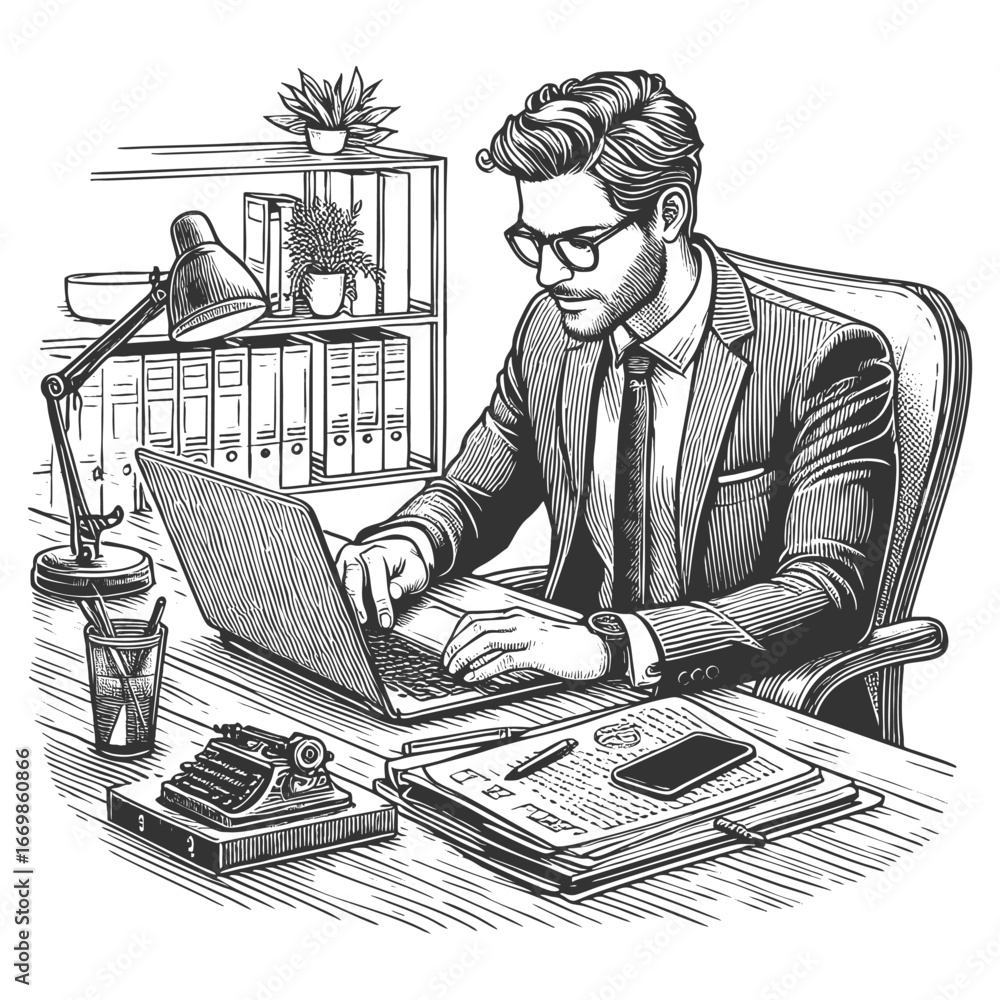 Poster businessman in a suit typing on a laptop at a desk with documents and plants sketch engraving genera