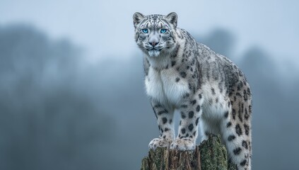 Fototapeta premium A majestic snow leopard stands vigilant on a weathered stump, showcasing its striking white fur and striking blue eyes against a misty backdrop.