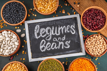 Various dried legumes, lentils, chikpeas, beans assortment