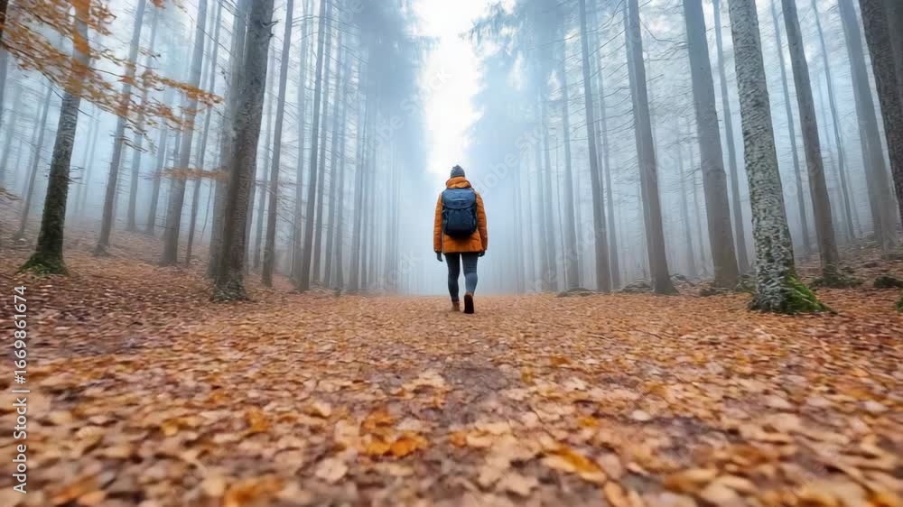 Poster misty path through autumn forest with fog and fallen leaves creating serene nature experience
