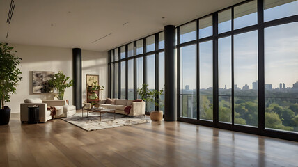 Obraz premium Minimalist interior space with a focus on a large, light Red accent wall. The room features a light wooden floor and a white ceiling with recessed high lighting.