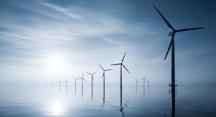A serene and tranquil scene of numerous wind turbines standing tall in a placid body of water, reflecting the soft sky.