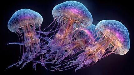 Glowing jellyfish in motion with no background details 