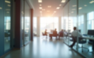 Blurred office interior background with a blurred door and glass wall, blurry bokeh light effect for a business concept design. High-quality photo, taken with a telephoto lens in realistic daylight.