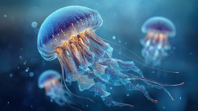Glowing jellyfish on monochrome blue background