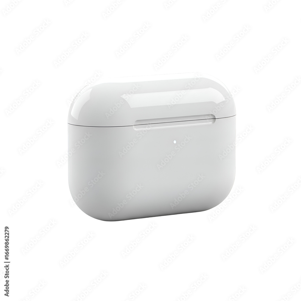 Poster creating a glossy white wireless earbud case with a transparent background