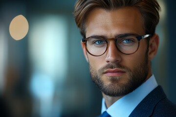 Close-up photo of a serious young male lawyer in a suit and glasses, confidently looking at the camera in the office, representing authority and expertise in legal matters, Generative AI