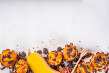 Homemade pecan and chocolate pumpkin muffins