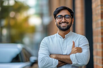 Young successful Hindu programmer entrepreneur standing outside an office building, smiling and showing a thumbs-up near his new car, celebrating success and satisfaction, Generative AI