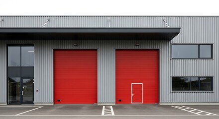 Obraz premium A modern industrial building facade showcases two large, vibrant red sectional doors.
