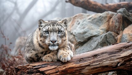 Obraz premium A majestic snow leopard rests serenely on a weathered log, its gaze focused and captivating in a misty natural environment.
