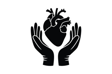 Black silhouette of human heart held gently between two open hands