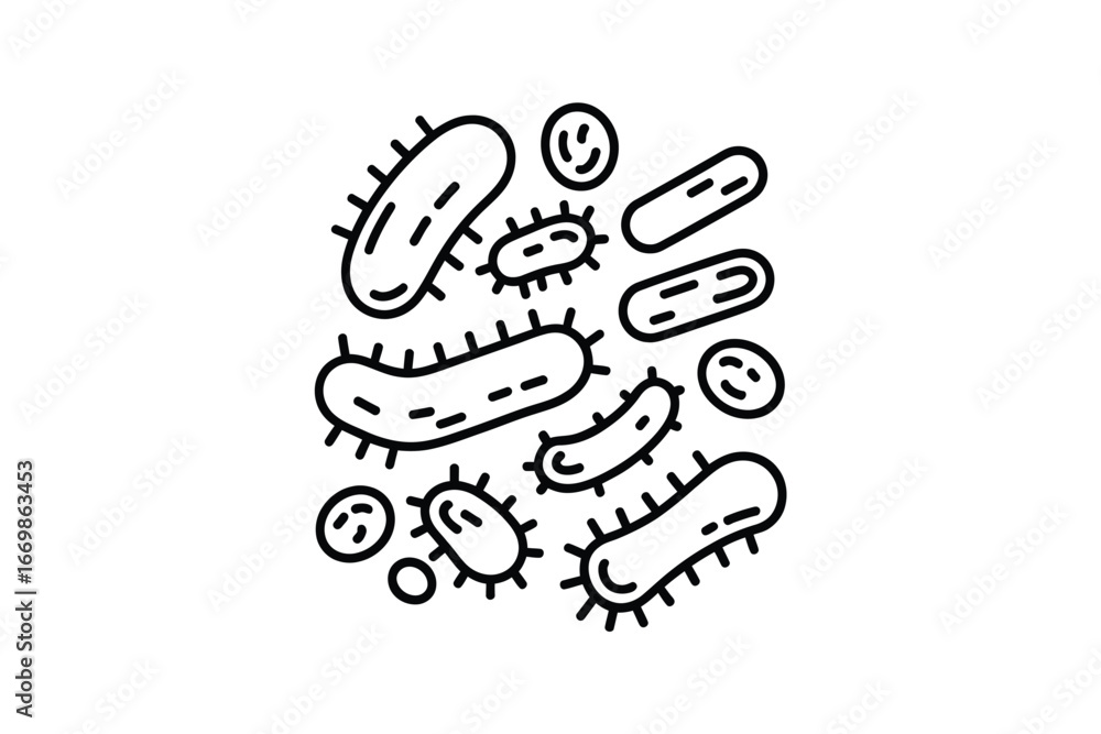 Poster hand drawn illustration of various types of bacteria and microbes in a simple outline style