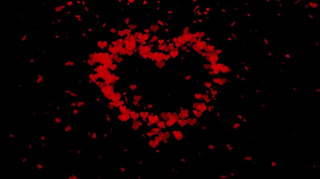 Romantic Red Heart Shape Reveal Animation with Red Petals and Glittering Particles Sparkles, Wedding Heart Symbol Animation with Flower Petals, 