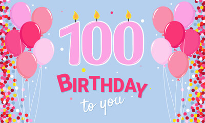 100th anniversary. Pink numbers, candles, and balloons are depicted on a light blue background. Happy Birthday.