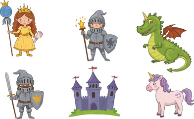 Cartoon fantasy characters including princess, knights, unicorn, dragon, and castle in magical fairytale kingdom theme for children’s illustration