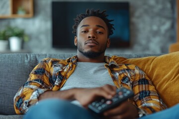 young African-American man sitting on the couch at home, feeling bored and lazily using the TV remote, symbolizing a moment of relaxation or disengagement, Generative AI