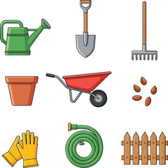 Garden Tools Icons Set with Watering Can, Shovel, Rake and More Vector illustration