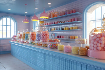 Brightly lit candy shop interior filled with colorful jars of sweets, playful lollipops, chocolates, and confectionery treats in a cheerful nostalgic store setting.