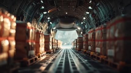 An interior view of a cargo plane, featuring neatly stacked boxes along the aisle, illuminated by soft lighting from above.